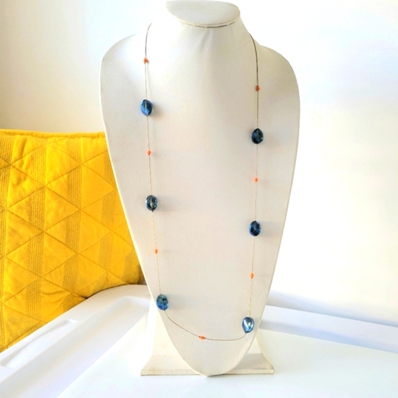 Extended Necklace / Glass Beads / Blue on Silvertone - Picture 2 of 6